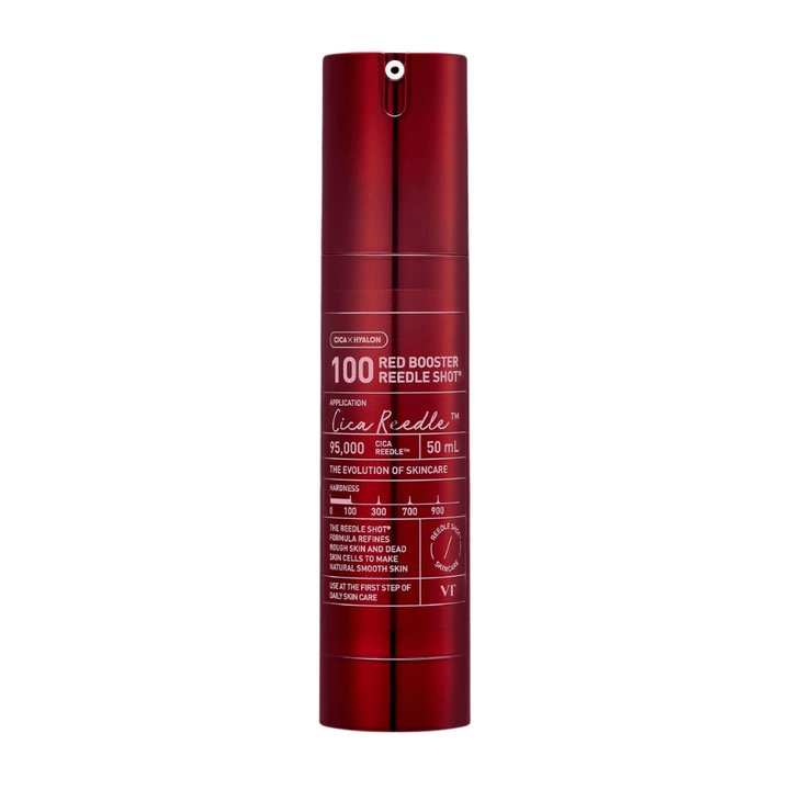 VT Cosmetics Red Booster Reedle Shot 100 microneedling serum in red bottle on white background, 50 ml, developed for exfoliation, skin renewal, and improved absorption in the skincare routine.