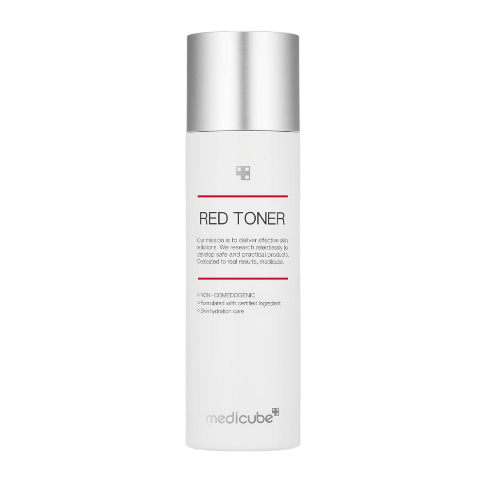 Product image of medicube Red Toner – a white bottle with a silver cap and minimalist design, developed for acne-prone skin.