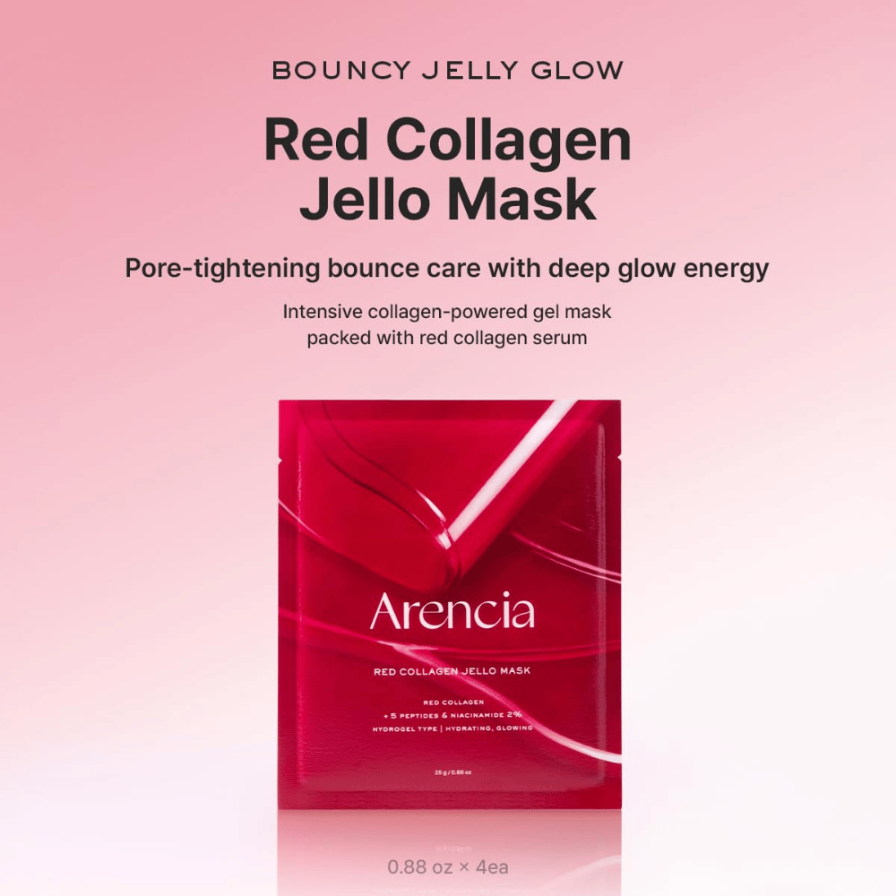Arencia Red Collagen Jello Mask in original packaging – Korean hydrogel mask with red collagen and peptides for plumped, hydrated, and radiant skin.