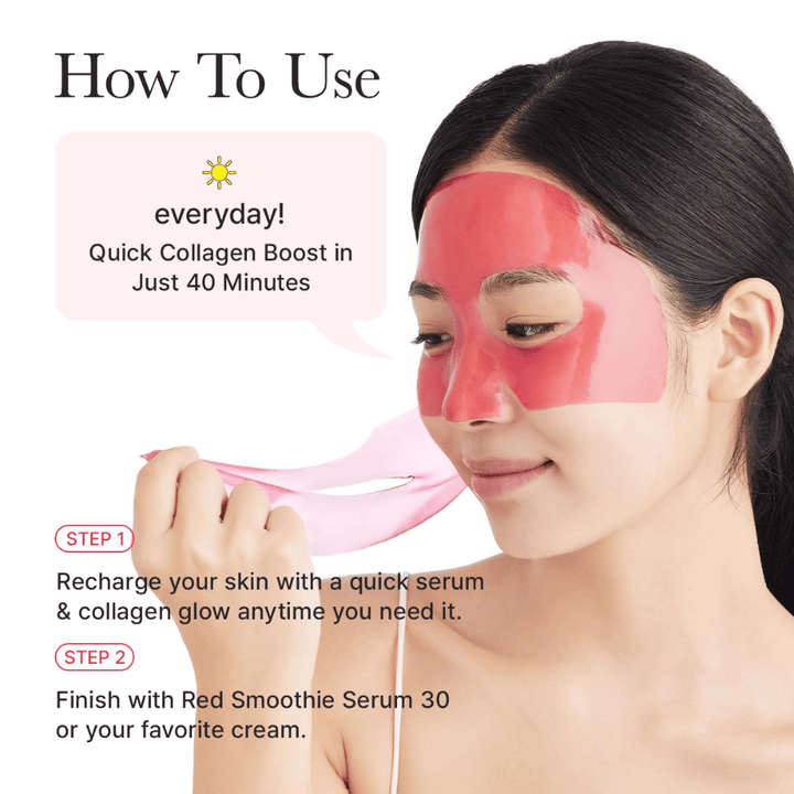 How to use Arencia Red Collagen Jello Mask during the day – quick collagen boost in 40 minutes for firmer skin, improved radiance, and smoother skin texture.