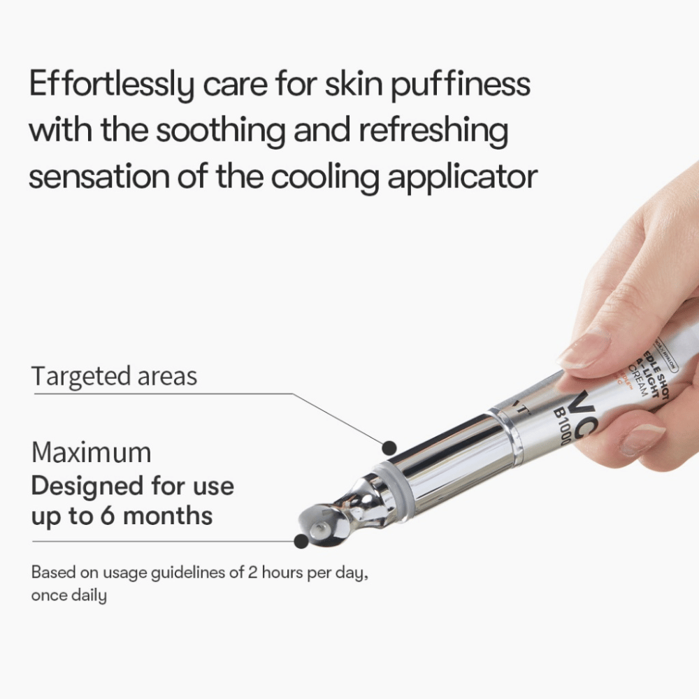 VT Reedle Shot Vita-Light Eye Cream with a cooling applicator that reduces puffiness and provides a refreshing feeling when used around the eyes.
