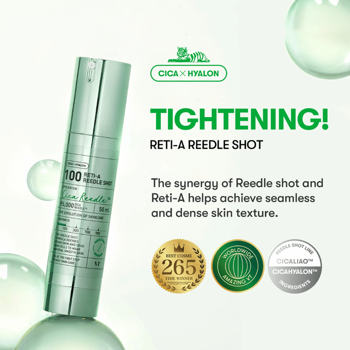 Product image of VT Reti-A Reedle Shot 100 focusing on firming effect, Cica, and Hyalon that provide smoother, tighter, and more elastic skin.