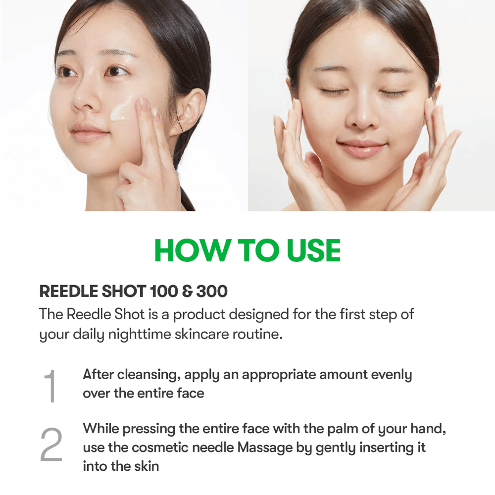 Instructional image showing how VT Reti-A Reedle Shot is applied to the face, the first step in the evening routine for improved skin texture and effective absorption.