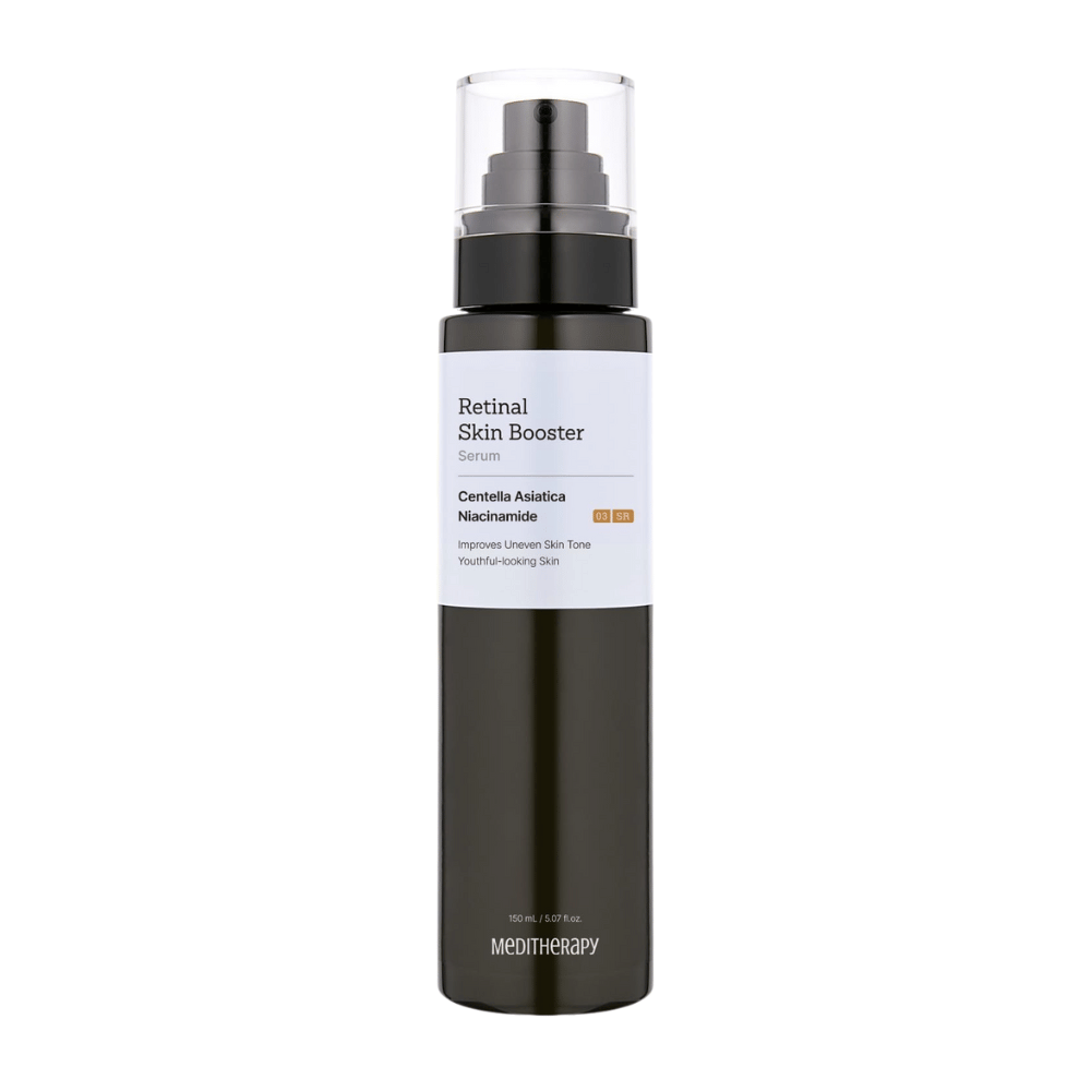 Meditherapy Retinal Skin Booster Serum in dark pump bottle. The formula with Centella Asiatica and niacinamide improves skin tone and provides a youthful glow.