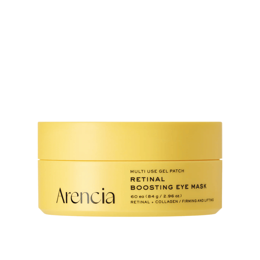 Clean product image of Arencia Retinal Boosting Eye Mask in yellow packaging with a minimalist design and a focus on firming and moisturizing eye care.