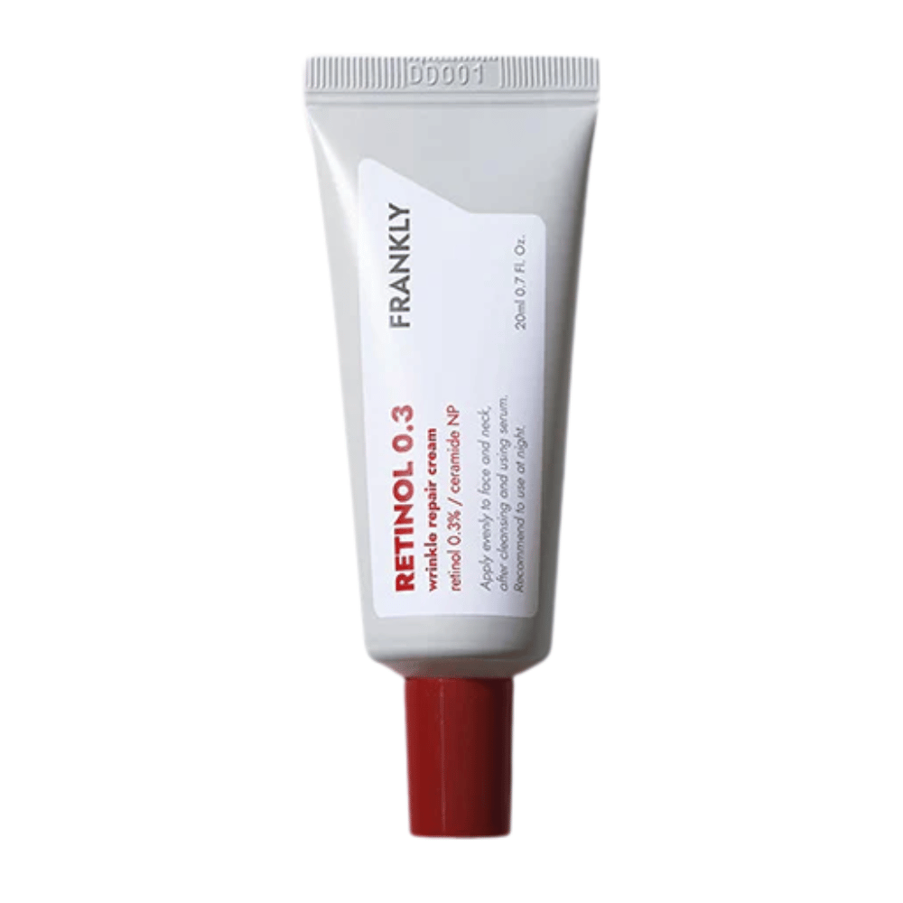 FRANKLY Retinol 0.3 Cream in white tube with red cap. An anti-aging cream with 0.3% retinol and ceramide NP for firmer and smoother skin.