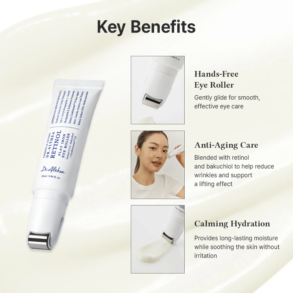 Dr. Althea Retinol Flat Iron Eye Roller with metal roller for cooling effect, anti-aging properties, and long-lasting hydration without irritation.