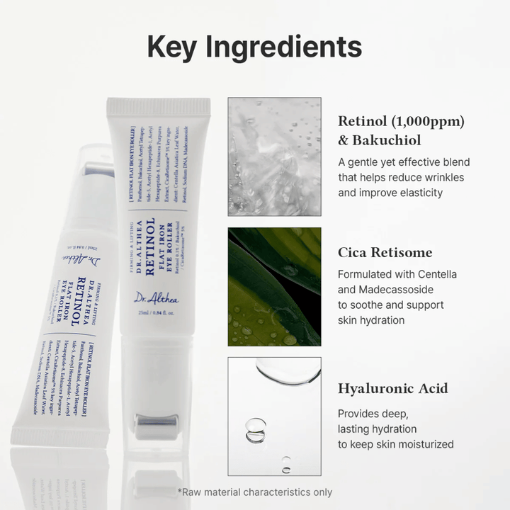 Dr. Althea Retinol Flat Iron Eye Roller with retinol, bakuchiol, cica, and hyaluronic acid that moisturizes, soothes, and reduces wrinkles.
