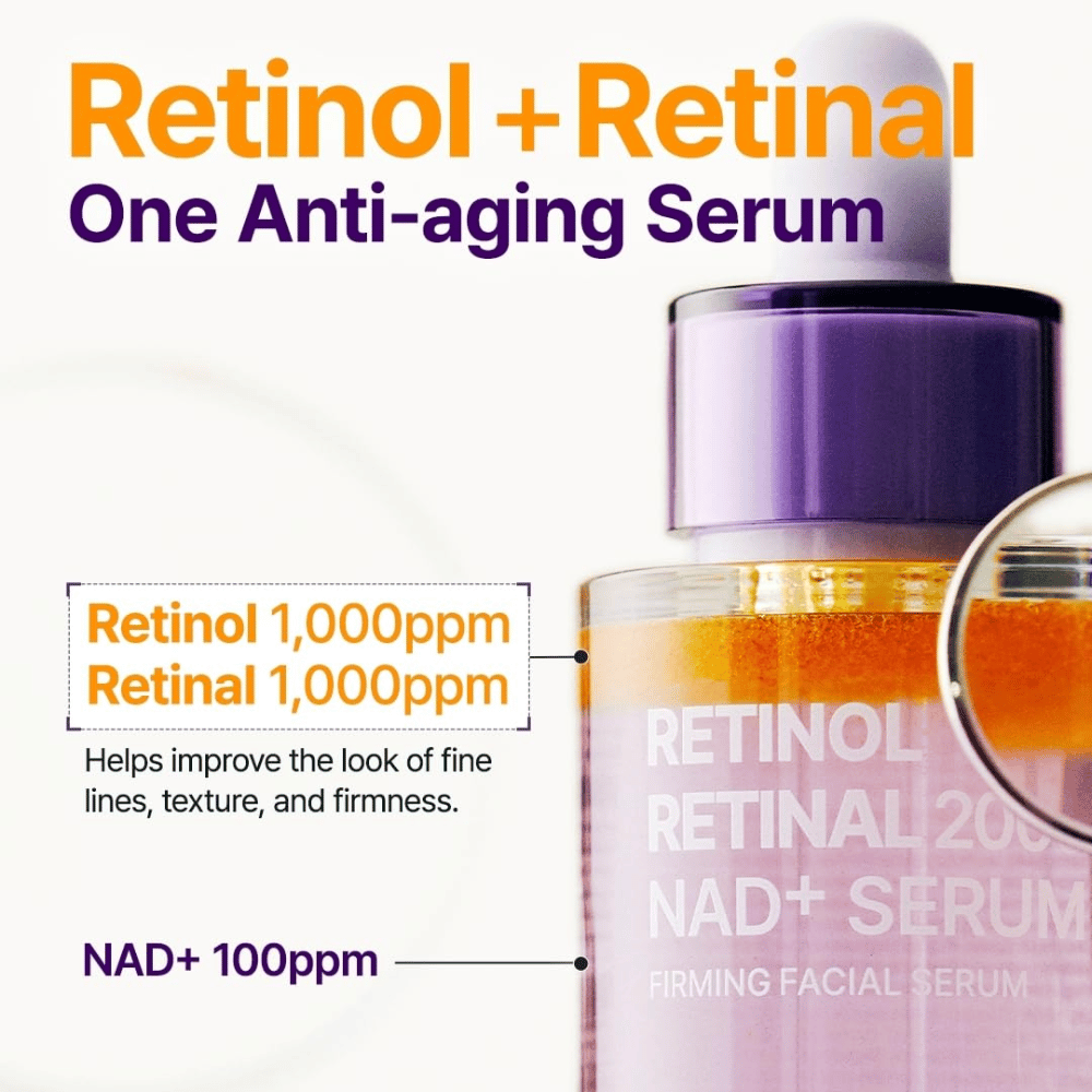 PURITO SEOUL Retinol Retinal 2000 NAD+ Serum with 1000 ppm retinol, 1000 ppm retinal, and 100 ppm NAD+ for fine lines, texture, and firmness.