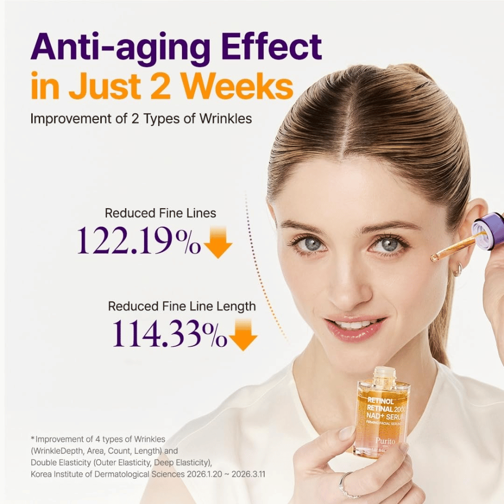 PURITO SEOUL Retinol Retinal 2000 NAD+ Serum – Korean anti-aging serum developed to reduce the visibility of fine lines and wrinkles.