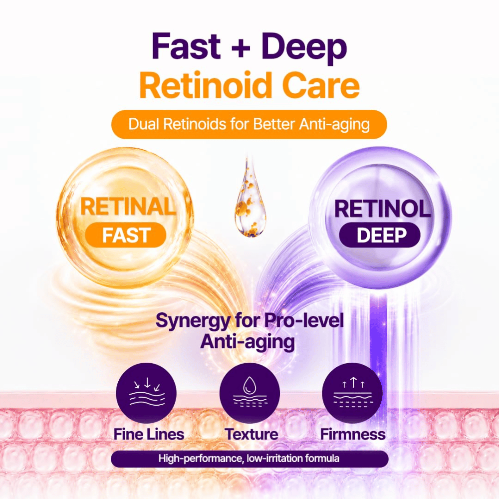 PURITO SEOUL Retinol Retinal 2000 NAD+ Serum combines retinal and retinol to counteract fine lines and improve the skin’s texture and firmness.