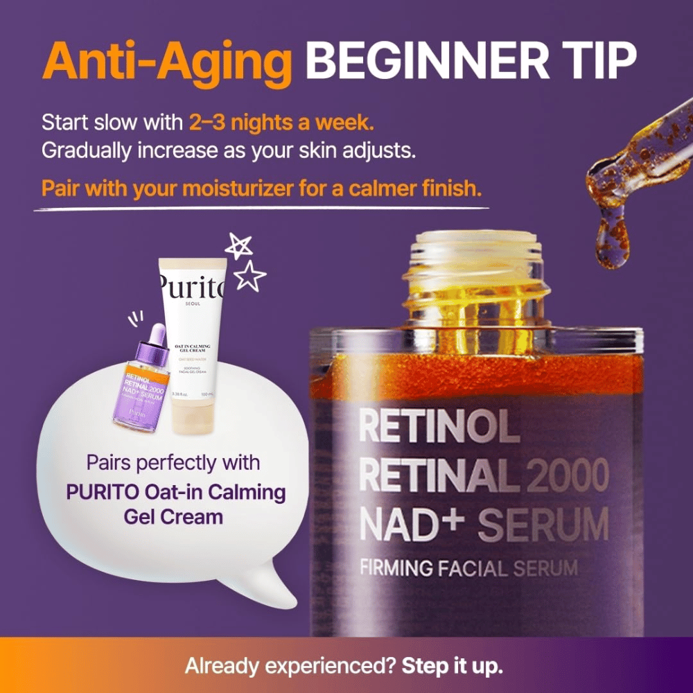PURITO SEOUL Retinol Retinal 2000 NAD+ Serum – start using the serum 2–3 evenings a week and preferably combine it with a moisturizing cream.