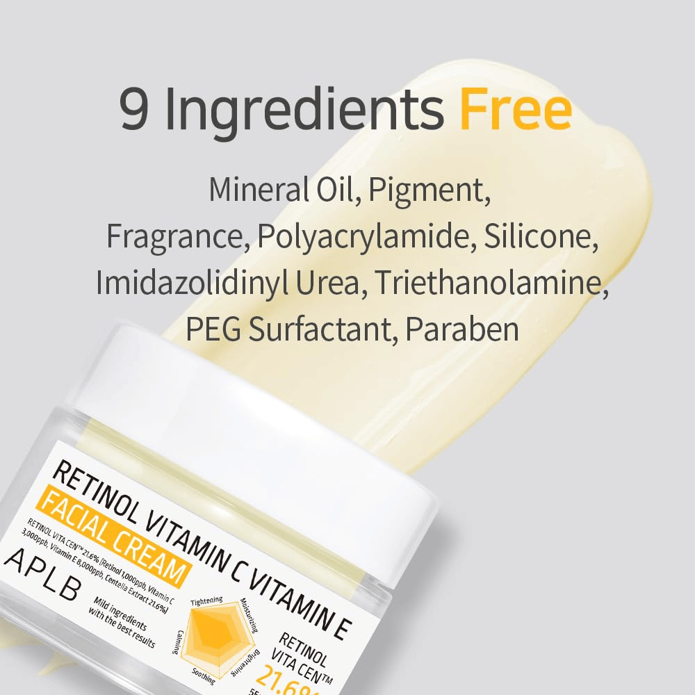 APLB Retinol Vitamin C Vitamin E Facial Cream free from nine selected ingredients