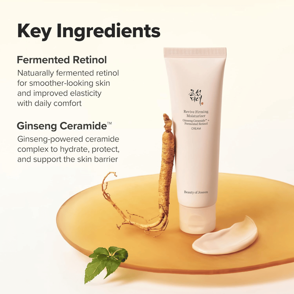 Image – ingredients (SEO + EEAT)
Beauty of Joseon Revive Firming Moisturizer with ginseng ceramide and fermented retinol that strengthen the skin barrier and improve the skin’s elasticity.