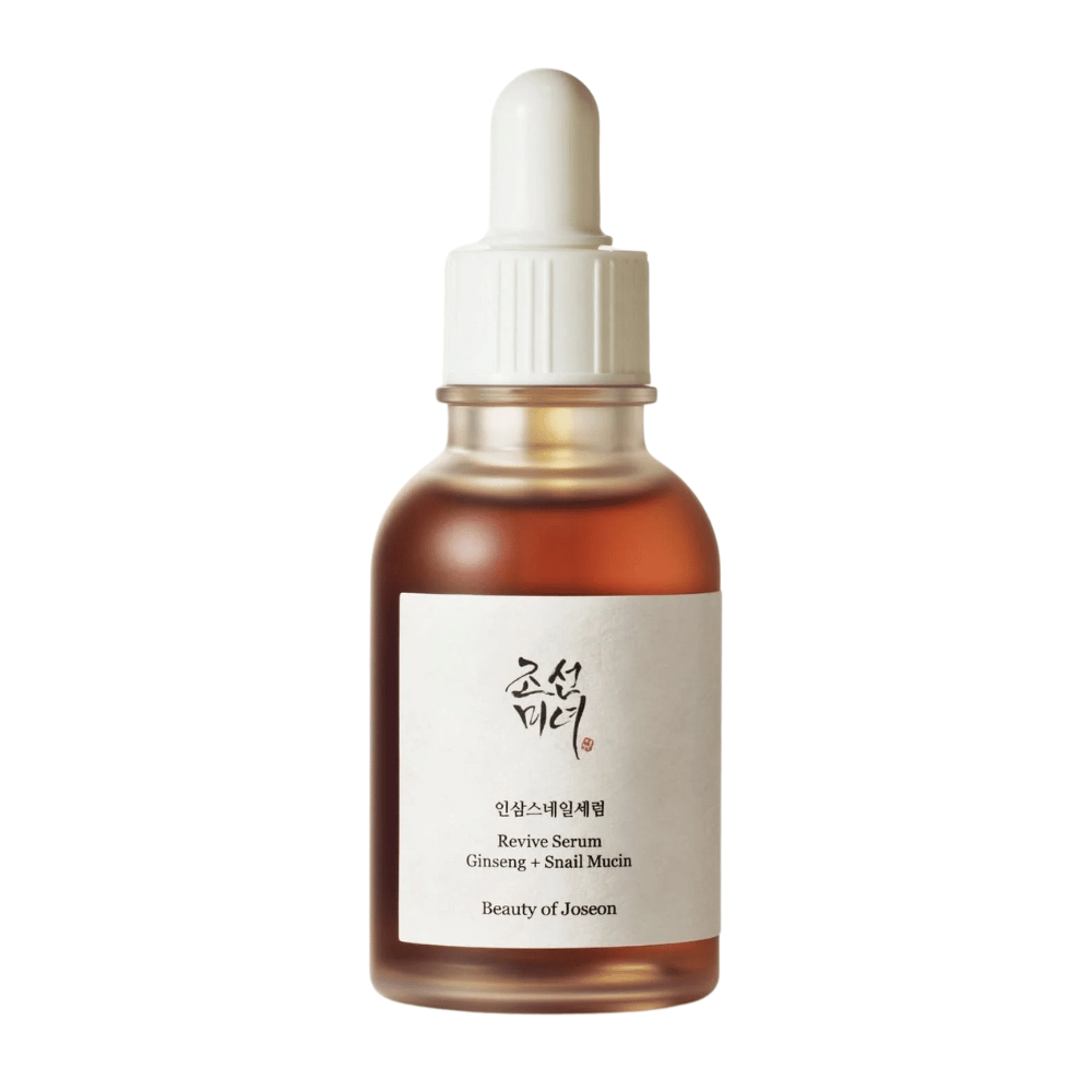 Product image of Beauty of Joseon Revive Serum Ginseng + Snail Mucin in brown glass bottle – anti-aging serum for firmer skin.