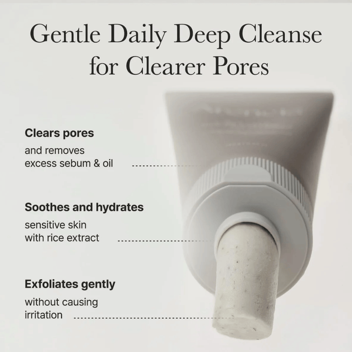 Information image showing how Arencia Rice + LHA Pore Control Rice Cake Cleanser cleanses pores, moisturizes sensitive skin, and gently exfoliates without irritation.