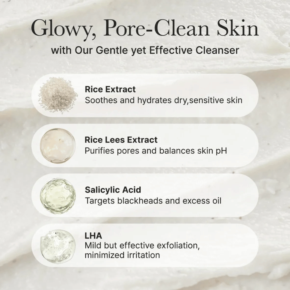 Ingredient overview for Arencia Rice + LHA Pore Control Rice Cake Cleanser with rice extract, rice lees extract, salicylic acid, and LHA for soothing, pore-cleansing, and balancing effect.