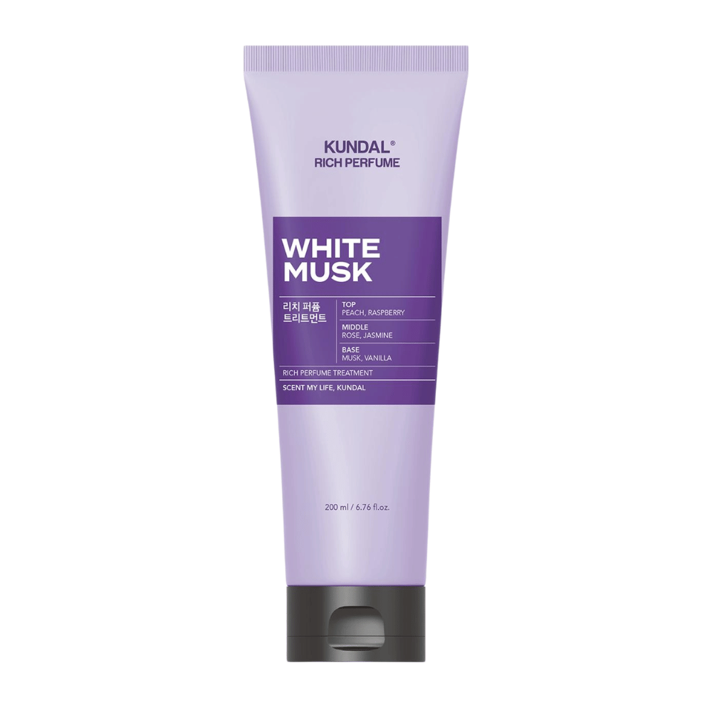 2. KUNDAL Rich Perfume Body Lotion White Musk 200 ml – moisturizing body lotion with the scent of peach, raspberry, rose, jasmine, musk, and vanilla