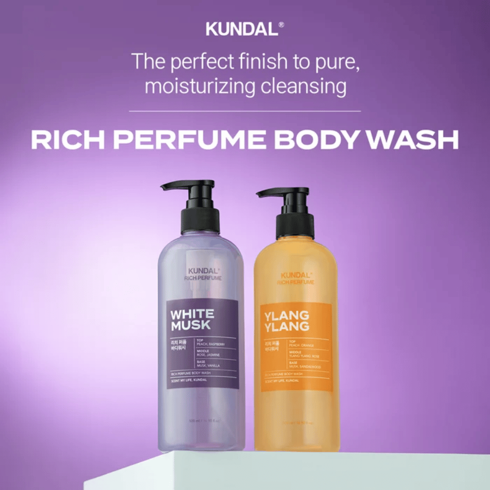 5. KUNDAL Rich Perfume Body Wash White Musk & Ylang Ylang – fragranced and moisturizing body cleanser