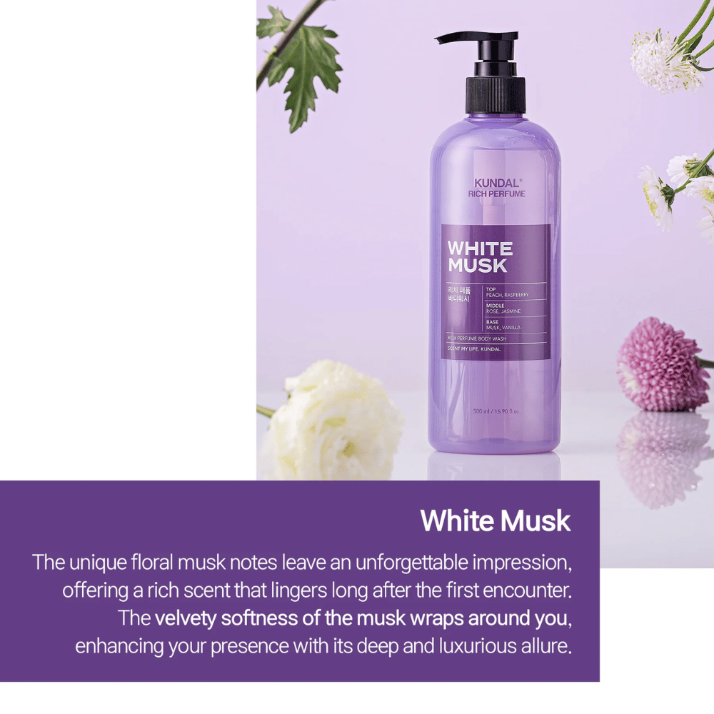 1. KUNDAL Rich Perfume Body Wash White Musk & Ylang Ylang 500 ml – fragranced shower gel in two scent variants
