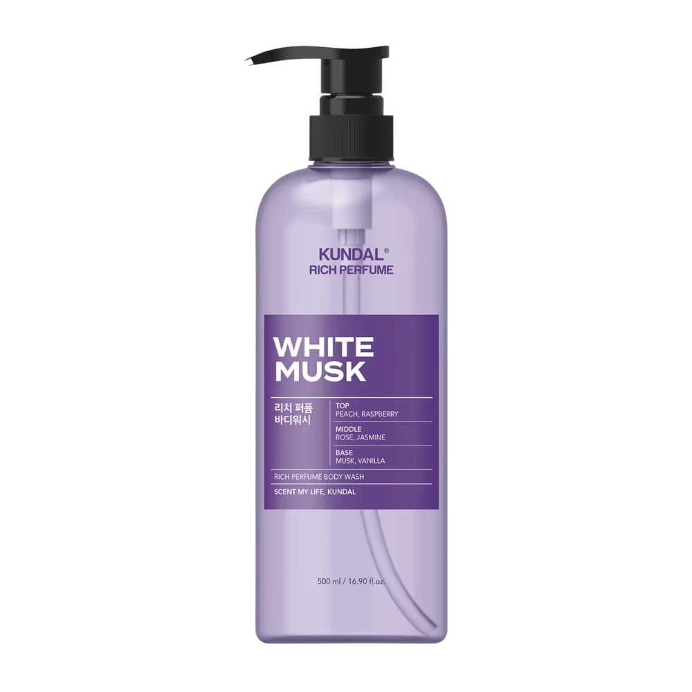 7. KUNDAL Rich Perfume Body Wash White Musk 500 ml – purple shower gel with notes of peach, raspberry, rose, jasmine, musk, and vanilla