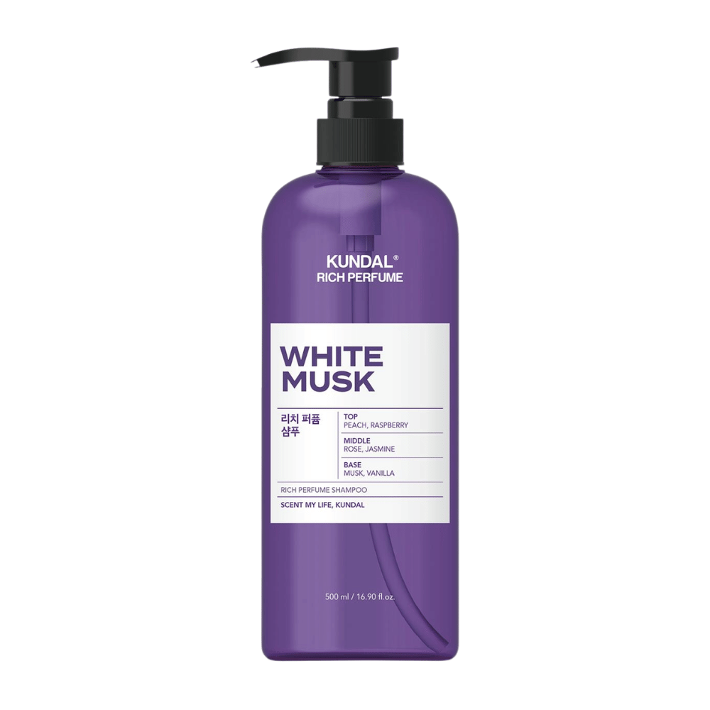 2. KUNDAL Rich Perfume Shampoo White Musk 500 ml – shampoo scented with peach, raspberry, rose, jasmine, musk, and vanilla