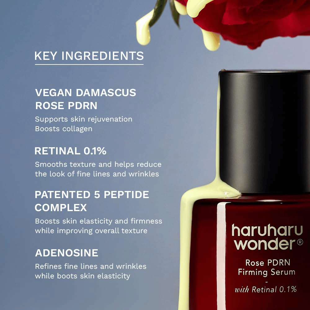 Haruharu Wonder Rose PDRN Firming Serum with vegan Rose PDRN, retinal 0.1%, peptides, and adenosine