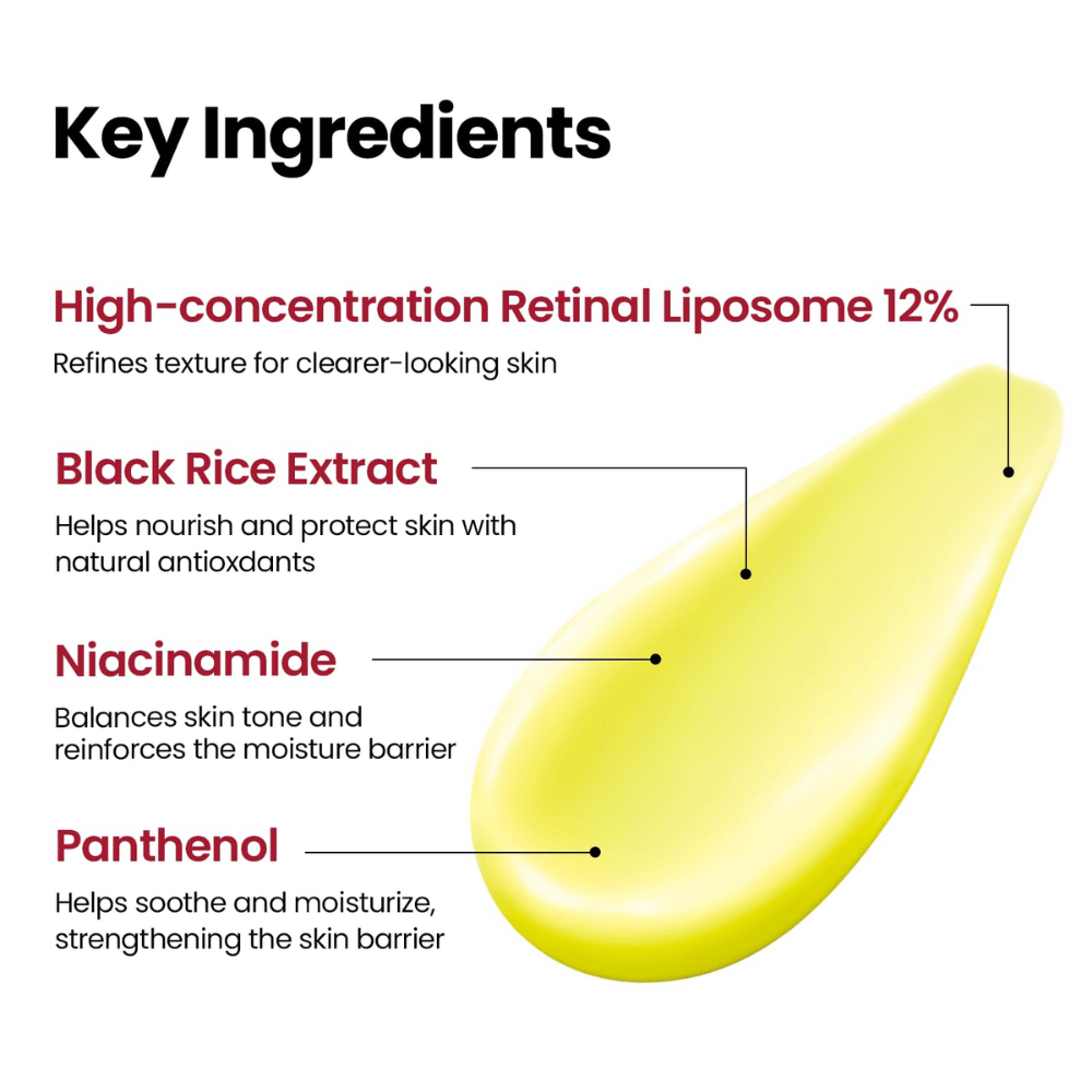 K-SECRET SEOUL 1988 Advanced Shot – concentrated formula with Retinal Liposome 12%, black rice, niacinamide, and panthenol.