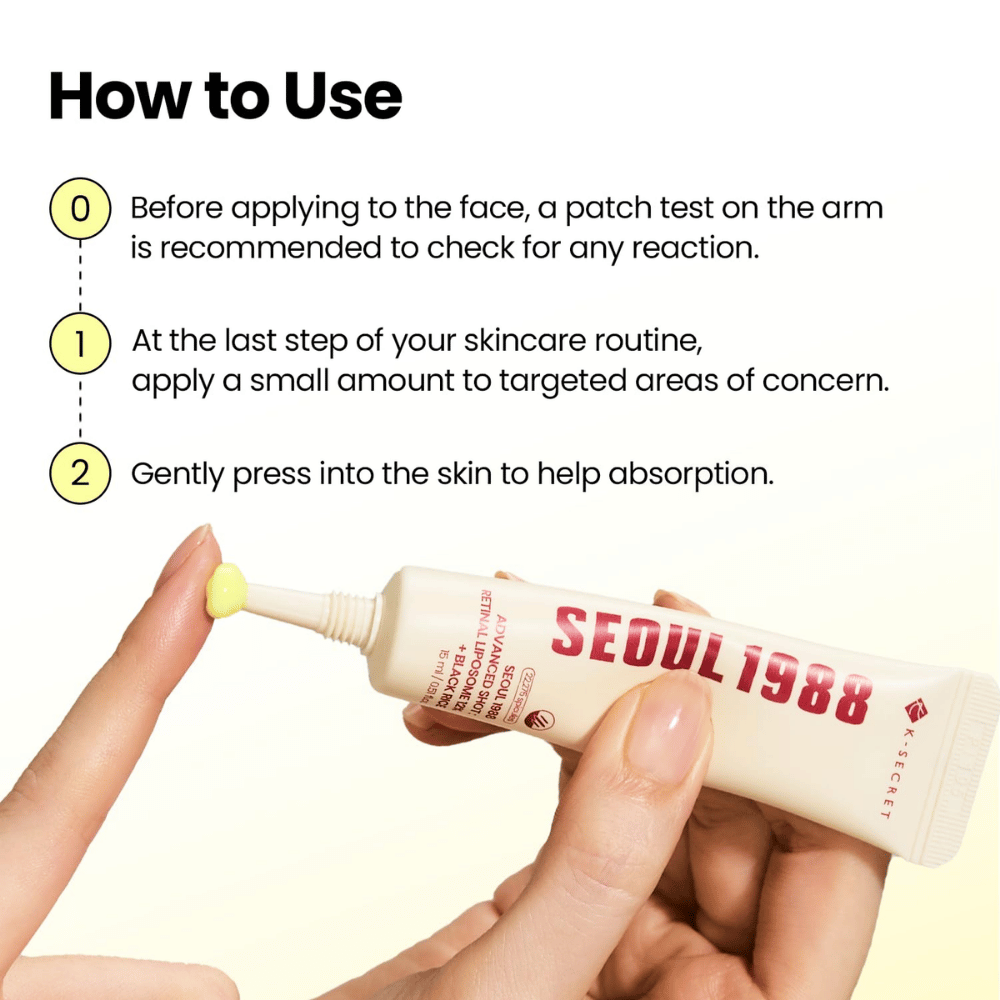 K-SECRET SEOUL 1988 Advanced Shot Retinal Liposome 12% + Black Rice – application of retinal treatment as the last step in the skincare routine.