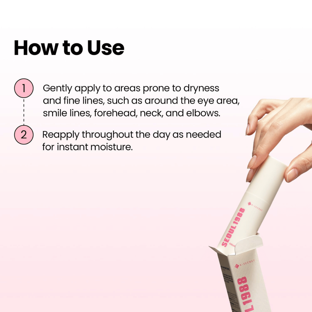 K-SECRET SEOUL 1988 Multi Balm Collagen Complex 7 + Plum – application of moisturizing balm on dry areas and fine lines.