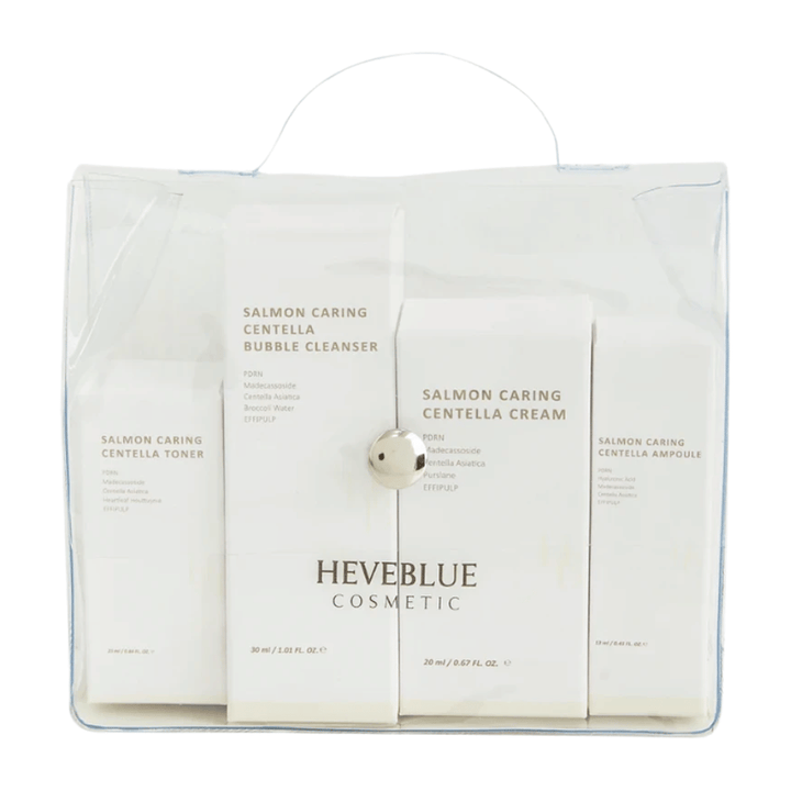 Heveblue Salmon Caring Centella Special Travel Kit skincare set – Korean skincare routine with toner, bubble cleanser, cream, and ampoule with Centella Asiatica and PDRN.