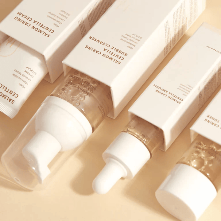 Heveblue Salmon Caring Centella Travel Kit skincare set – Korean skincare products with Centella Asiatica and PDRN that help to moisturize, soothe the skin, and strengthen the skin barrier.