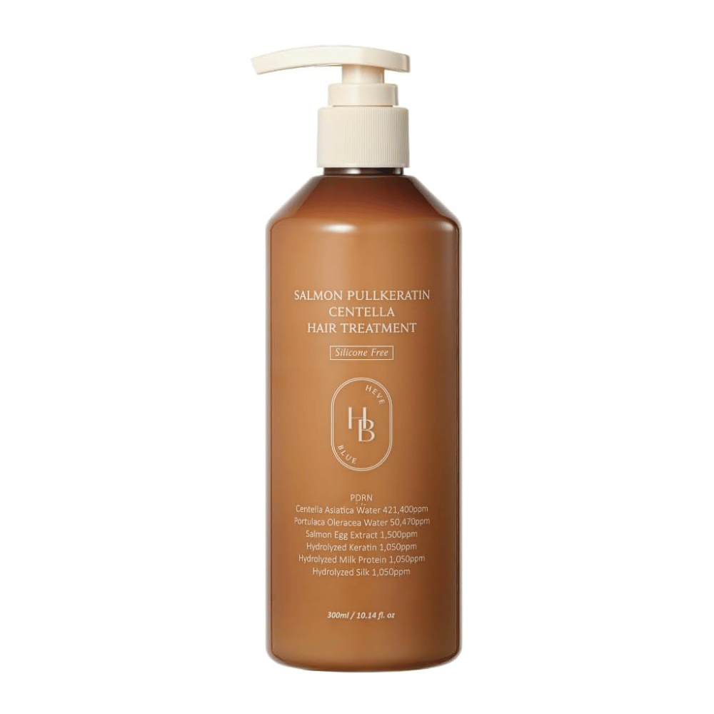 Heveblue Salmon Pullkeratin Centella Hair Treatment in a brown pump bottle against a light background. Hair treatment with centella, salmon extract, keratin, silk protein, and milk protein for care and moisturization of the hair.