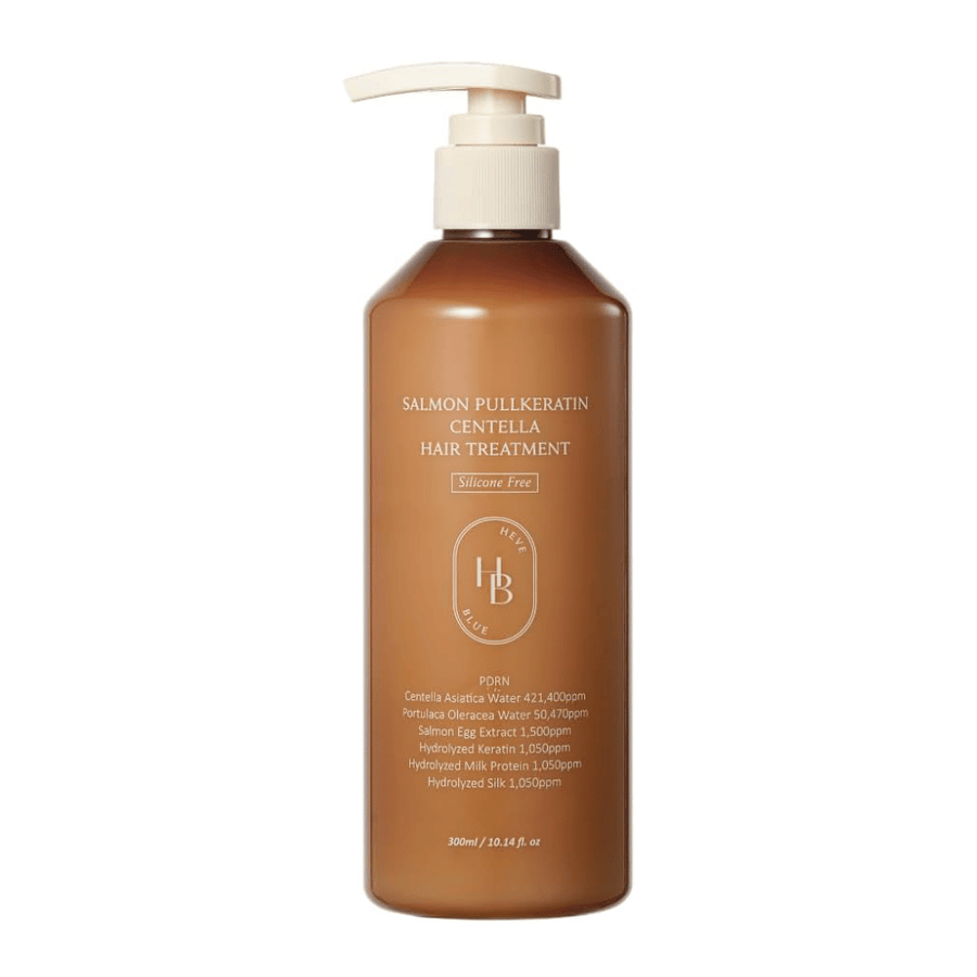 Heveblue Salmon Pullkeratin Centella Hair Treatment in a brown pump bottle against a light background. Hair treatment with centella, salmon extract, keratin, silk protein, and milk protein for care and moisturization of the hair.