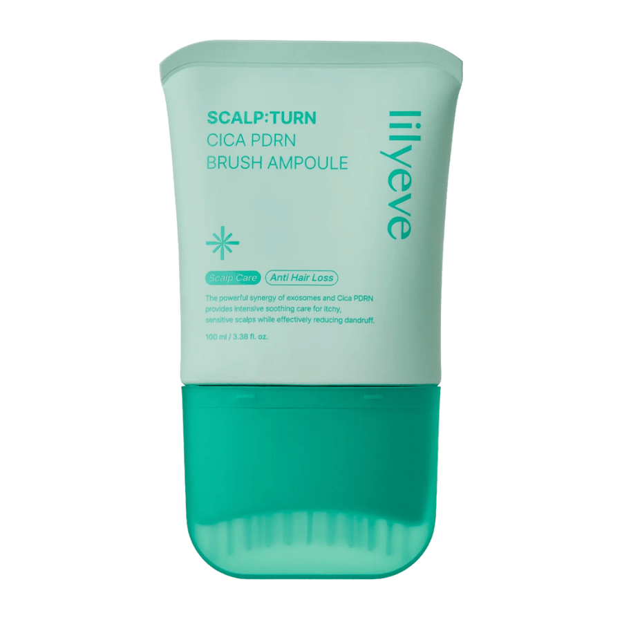 Cutout product image of LILYEVE Scalp:Turn Cica PDRN Brush Ampoule against a white background. The design shows the turquoise packaging with a built-in brush applicator for easy application directly to the scalp.