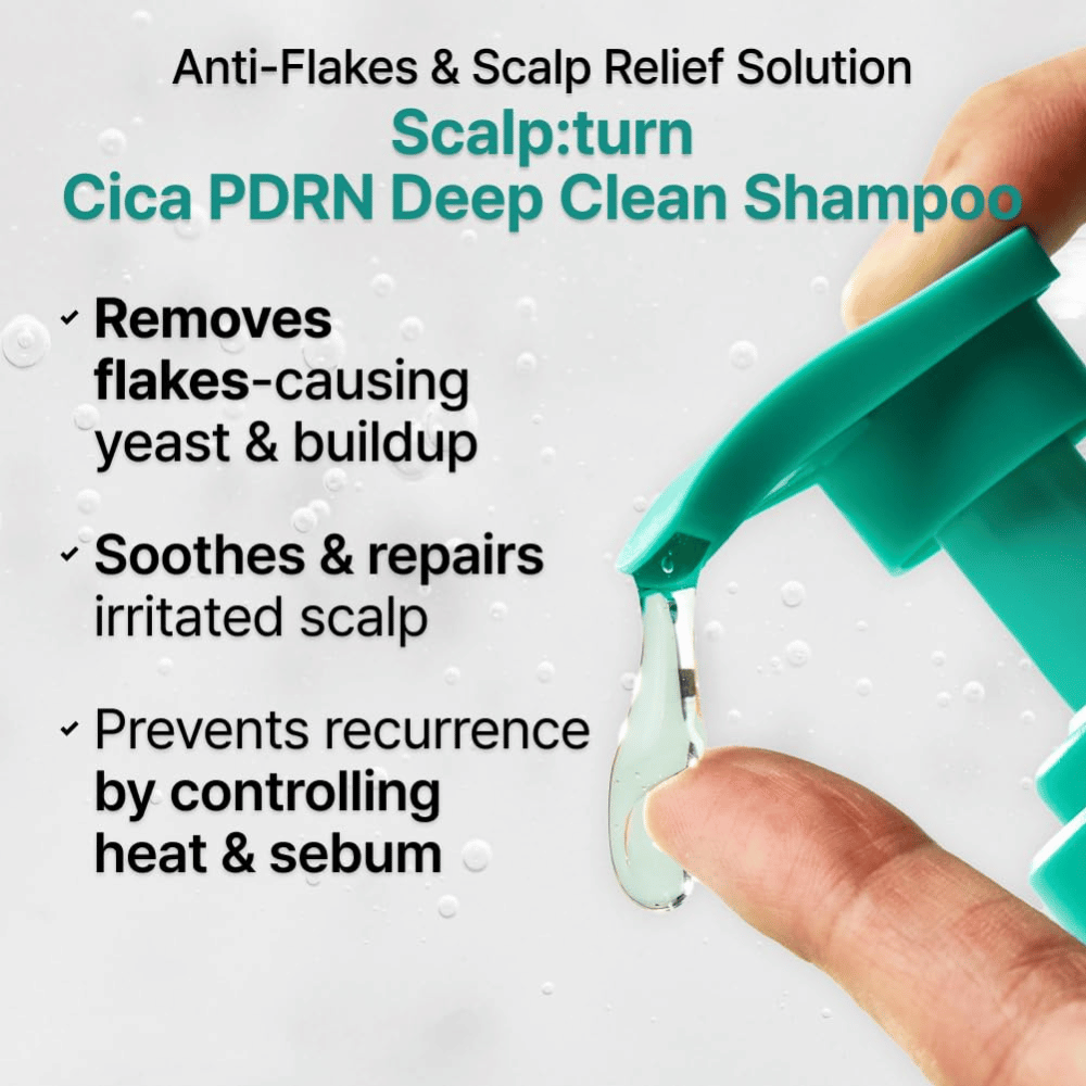 LILYEVE Scalp:Turn Cica PDRN Deep Clean Shampoo removes dandruff, soothes an irritated scalp, and helps control sebum and heat-related scalp problems.