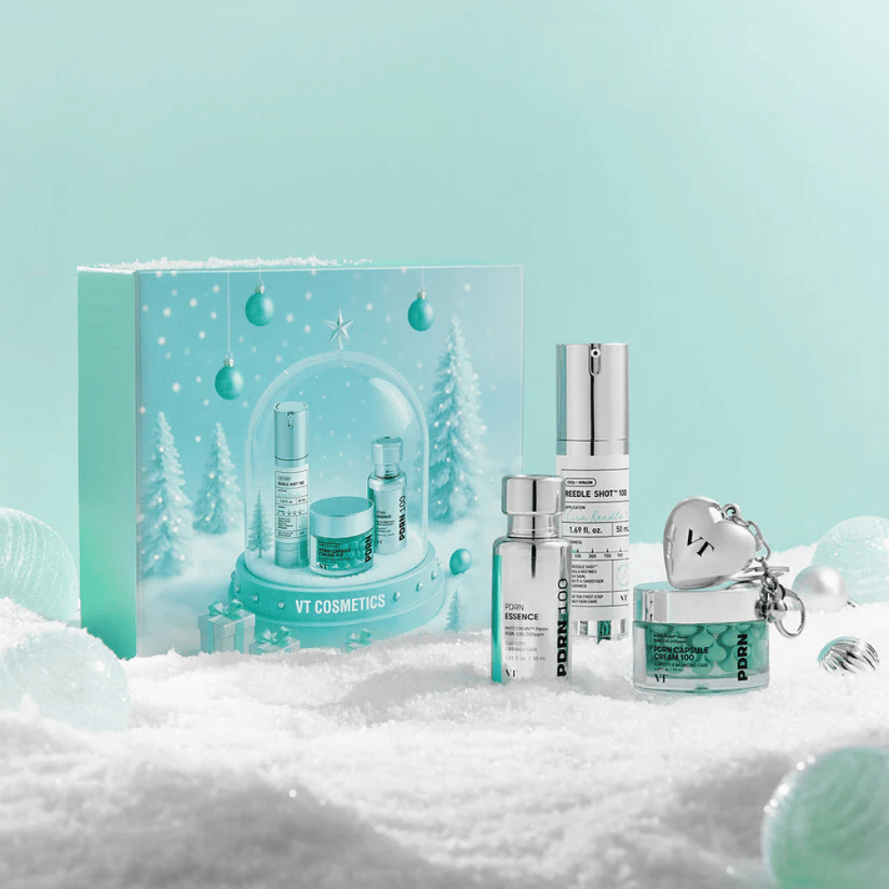 Gift packaging from VT Cosmetics with products from the PDRN series in a festive snow globe design – perfect as a gift.