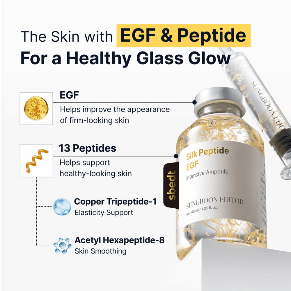 Silk Peptide EGF Intensive Ampoule contains EGF, 13 peptides, as well as copper tripeptide-1 and acetylhexapeptide-8, which together help support the skin's elasticity, improve the skin's appearance, and provide a natural glow.