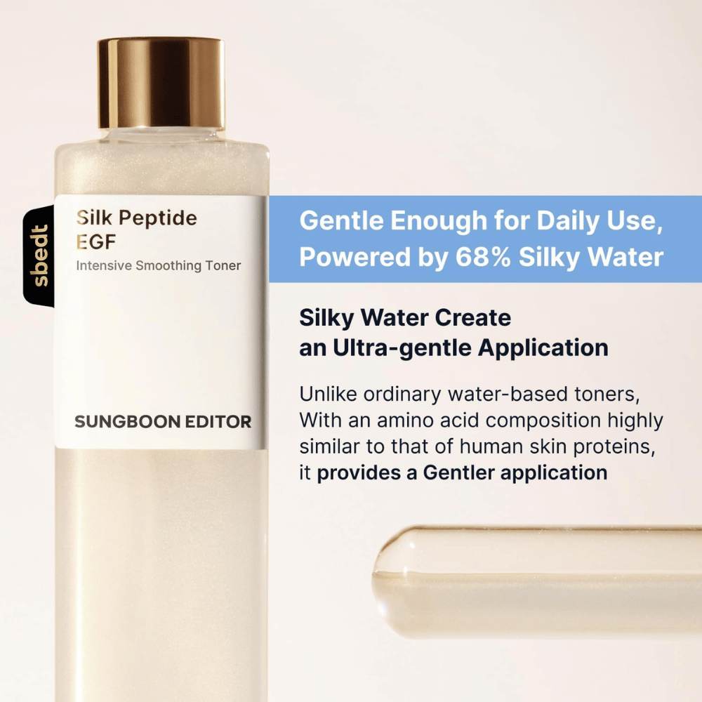 SUNGBOON EDITOR Silk Peptide EGF Intensive Smoothing Toner – gentle toner with 68% silky water for daily use