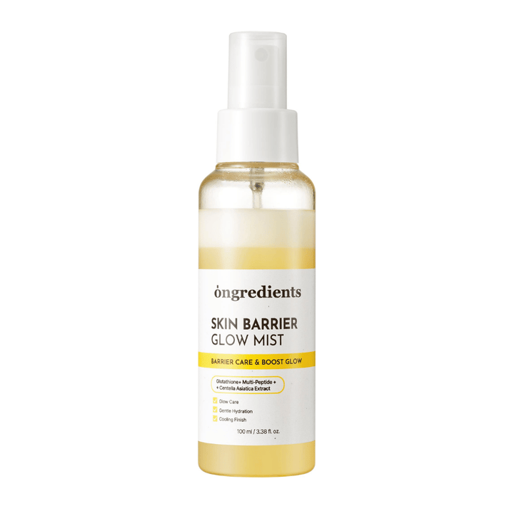 Ongredients Skin Barrier Glow Mist facial mist with a dual-layer formula that hydrates the skin, strengthens the skin barrier, and gives a natural glow.
