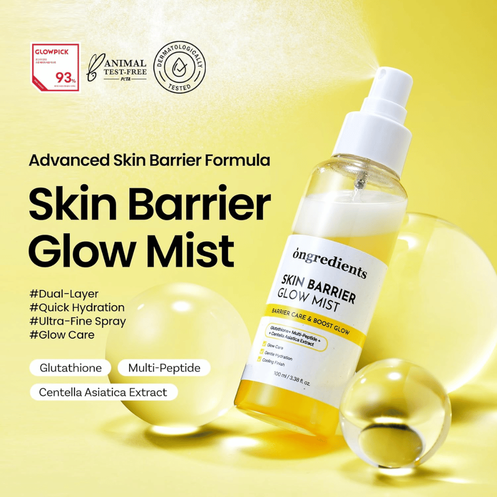 Ongredients Skin Barrier Glow Mist 100 ml facial mist with ceramides, peptides, and Centella Asiatica for hydration and a barrier-strengthening effect.
