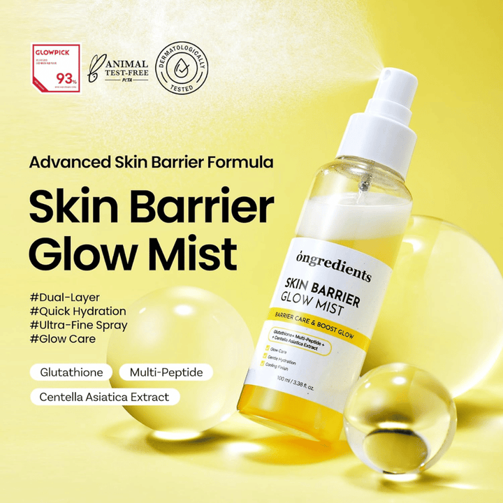 Ongredients Skin Barrier Glow Mist 100 ml facial mist with ceramides, peptides, and Centella Asiatica for hydration and a barrier-strengthening effect.