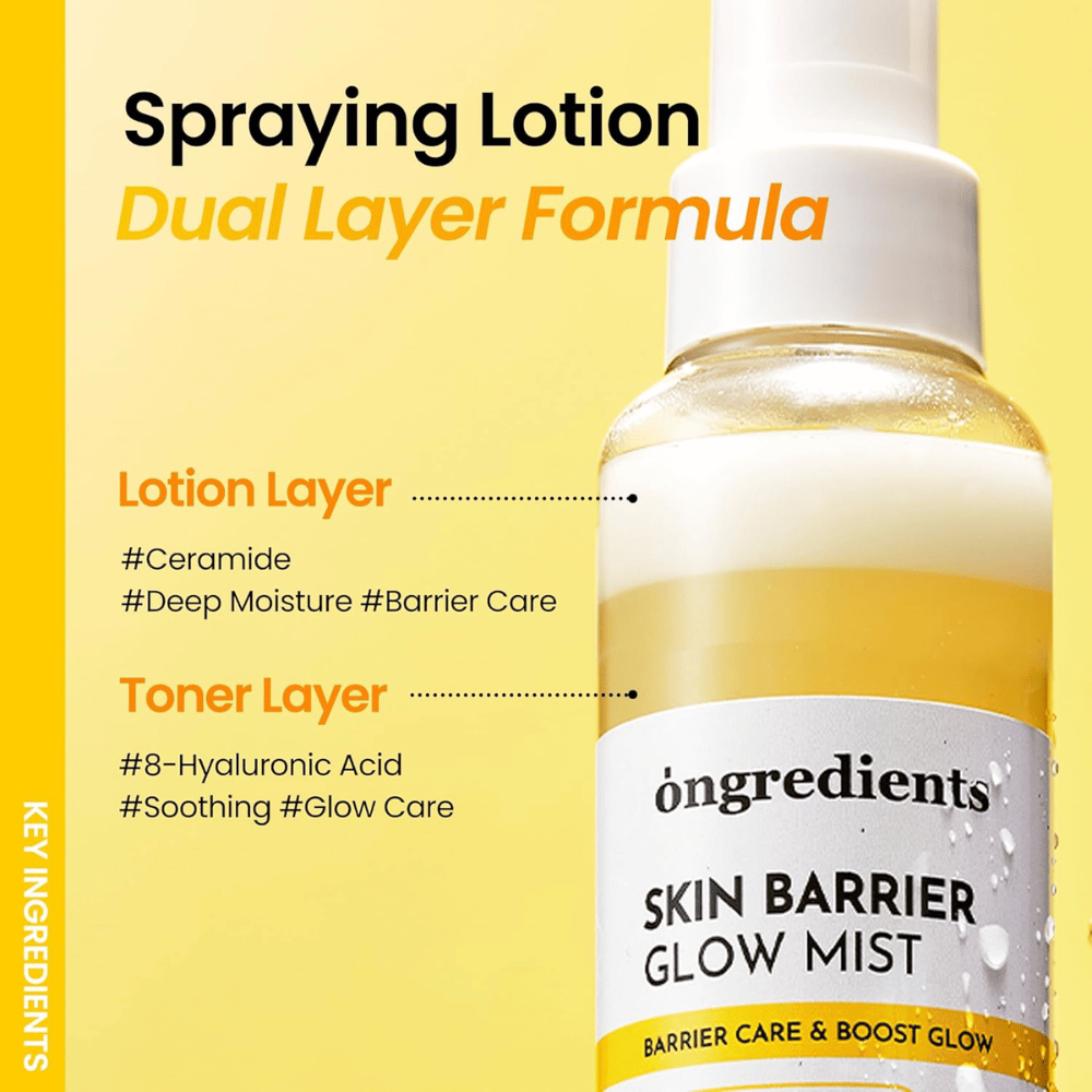 Ongredients Skin Barrier Glow Mist dual-layer facial mist with hyaluronic acid and ceramides that provides deep hydration and protects the skin barrier.