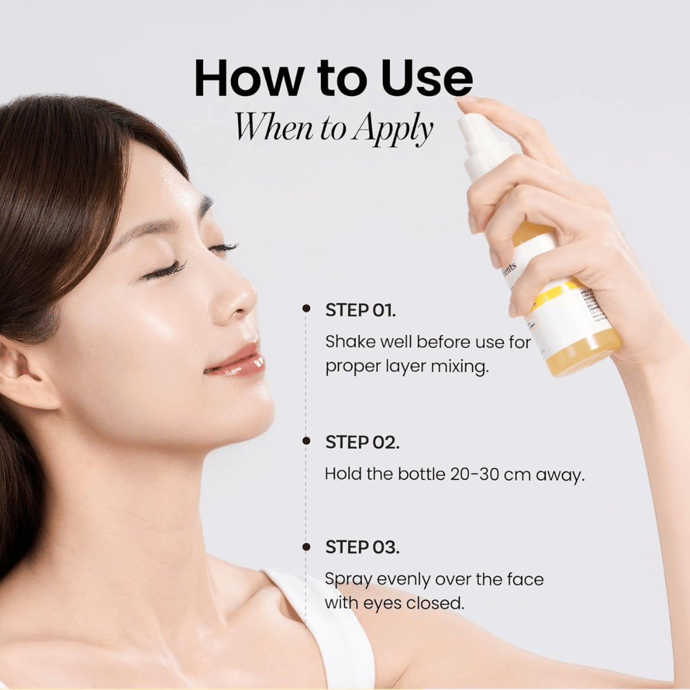 Ongredients Skin Barrier Glow Mist is used as a facial mist 20–30 cm from the skin for quick hydration, glow, and refreshment during the day.