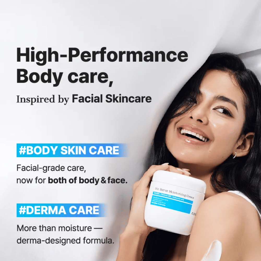 Woman with COSRX Skin Barrier Cream – powerful body care with facial care quality and derma formula.