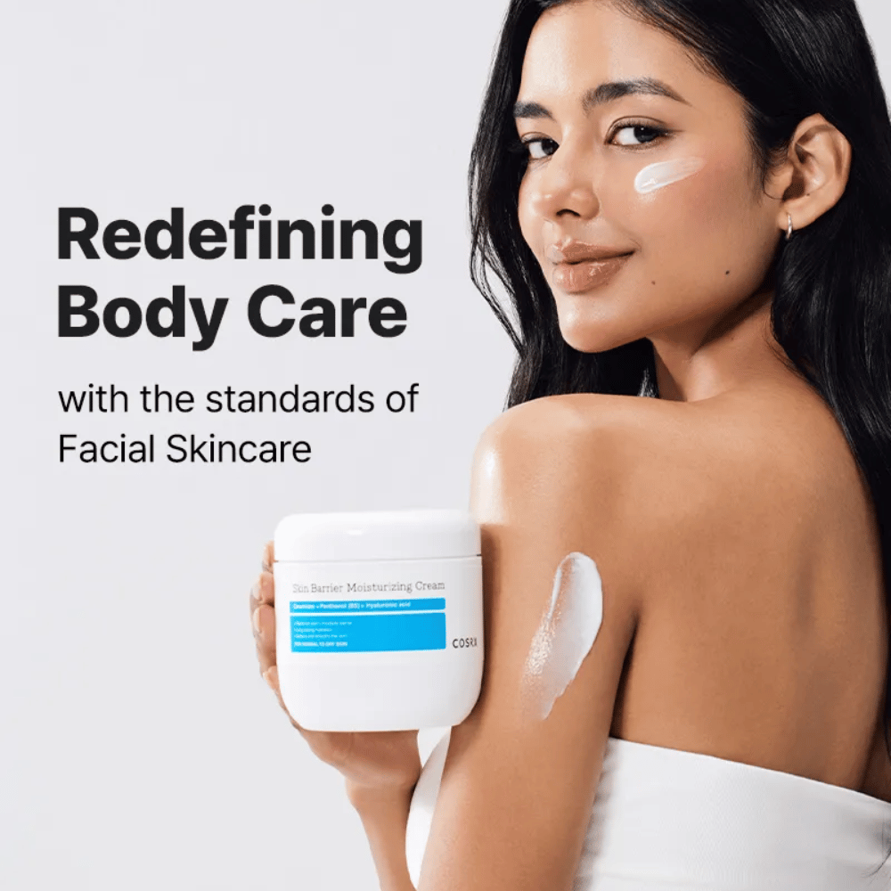 Woman applies COSRX Skin Barrier Moisturizing Cream – moisturizing body cream inspired by facial care.