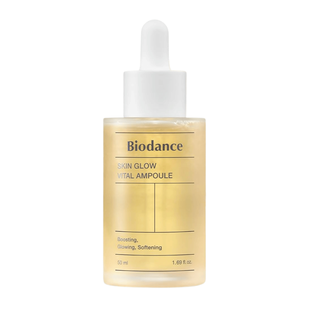 Bottle with Biodance Skin Glow Vital Ampoule, a facial ampoule that boosts, adds radiance, and softens the skin. Contains 50 ml and is designed to give the skin a radiant and revitalized feeling.