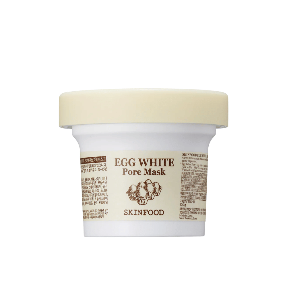 EN SKINFOOD Egg White Pore Mask 120g on white background, designed for pore cleansing and skin improvement.