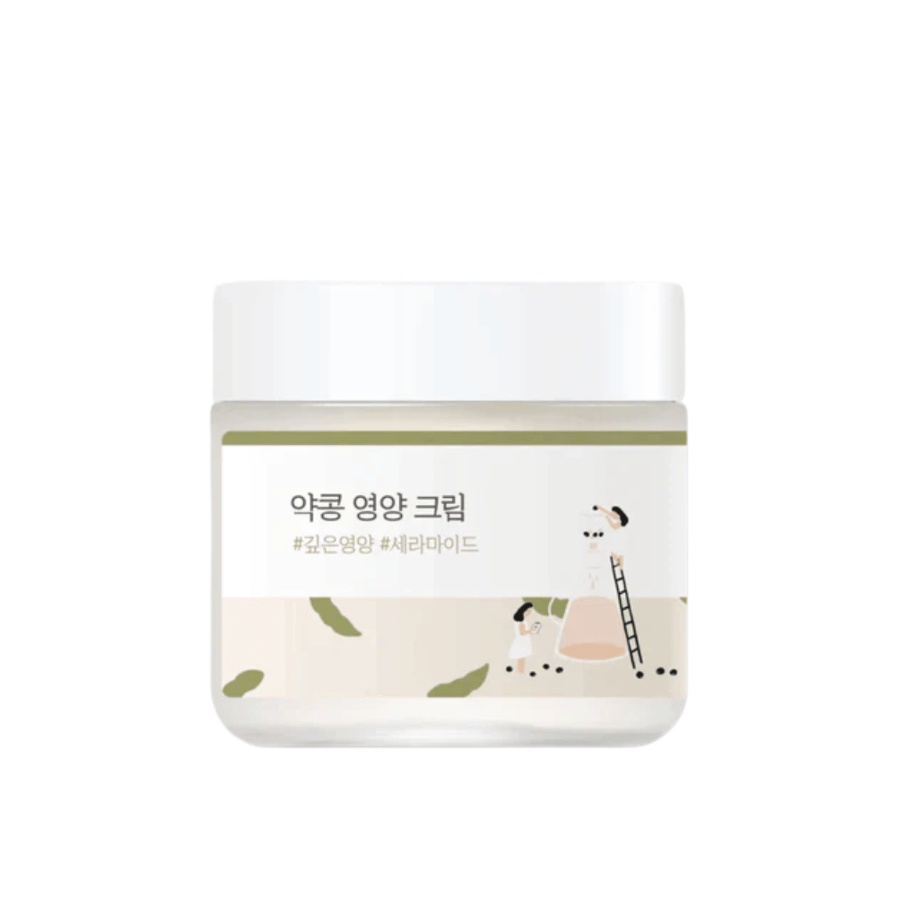 Mixsoon Soybean Nourishing Cream in a glass jar with a white lid and green label. A deeply nourishing cream for dry and sensitive skin.
