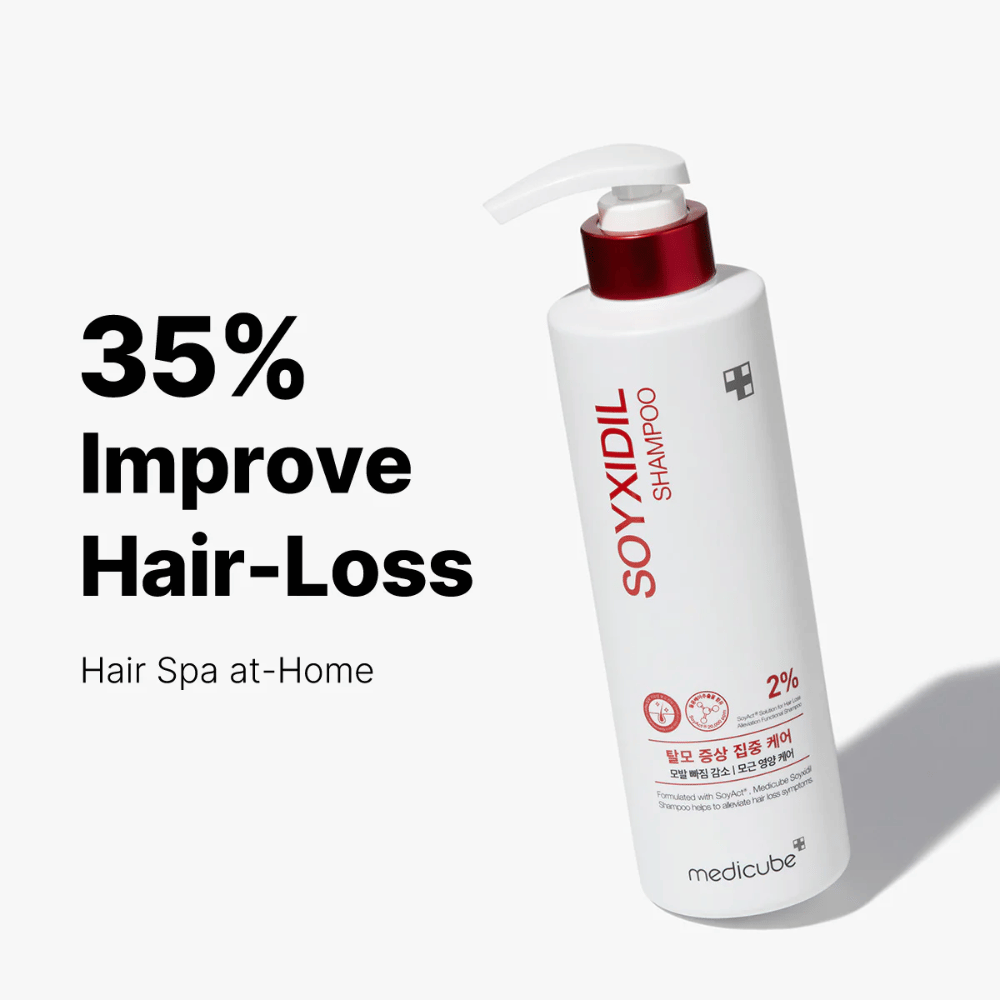 Medicube Soyxidil Shampoo visas med text: ”35% Improve Hair-Loss – Hair Spa at-Home”. Schampo för håravfall och frisk hårbotten.